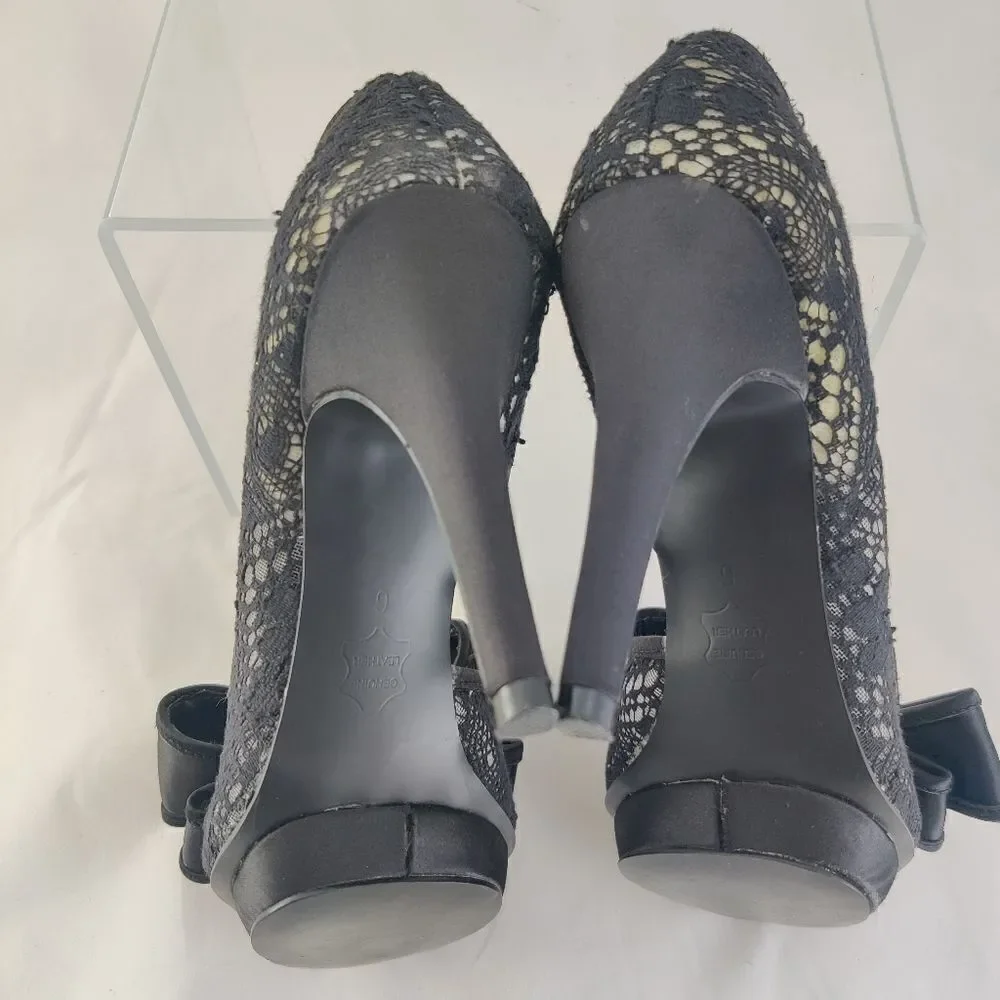 Steve madden Vale Sz 6 Giant Bow Black Lace D'Orsay Platform Stiletto Peep Heels
